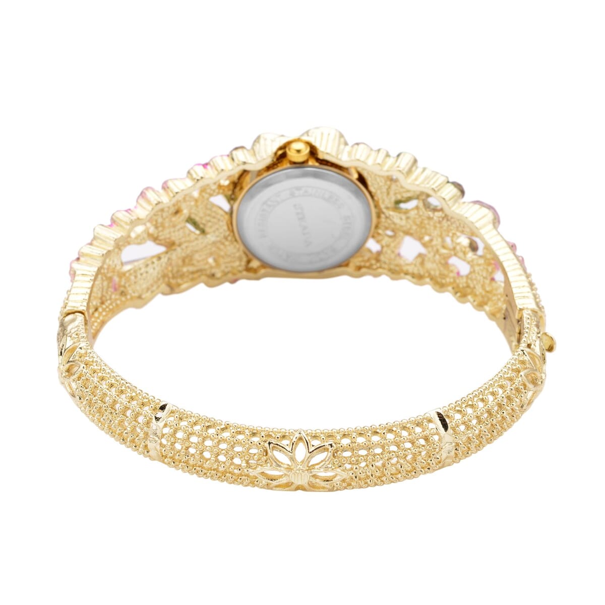 Strada Japanese Movement Multi Color Crystal, Pink Glass Floral & Leaves Pattern Bangle Bracelet (6.5-7 In) Watch in Goldtone (26.67mm) image number 5