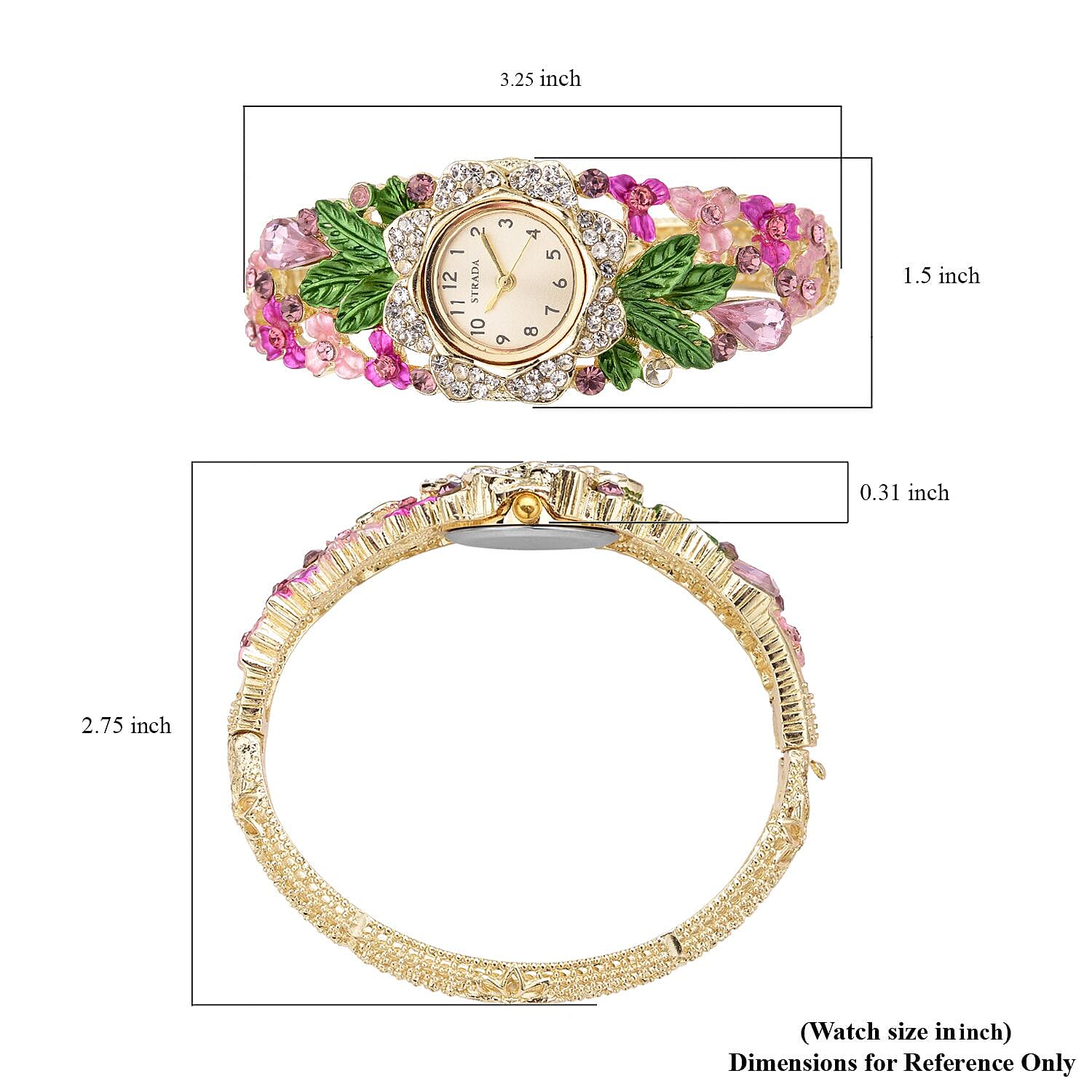 Strada Japanese Movement Multi Color Crystal and Pink Glass Floral & Leaves Pattern Bangle Bracelet  (6.5-7 In) Watch in Goldtone (26.67mm)