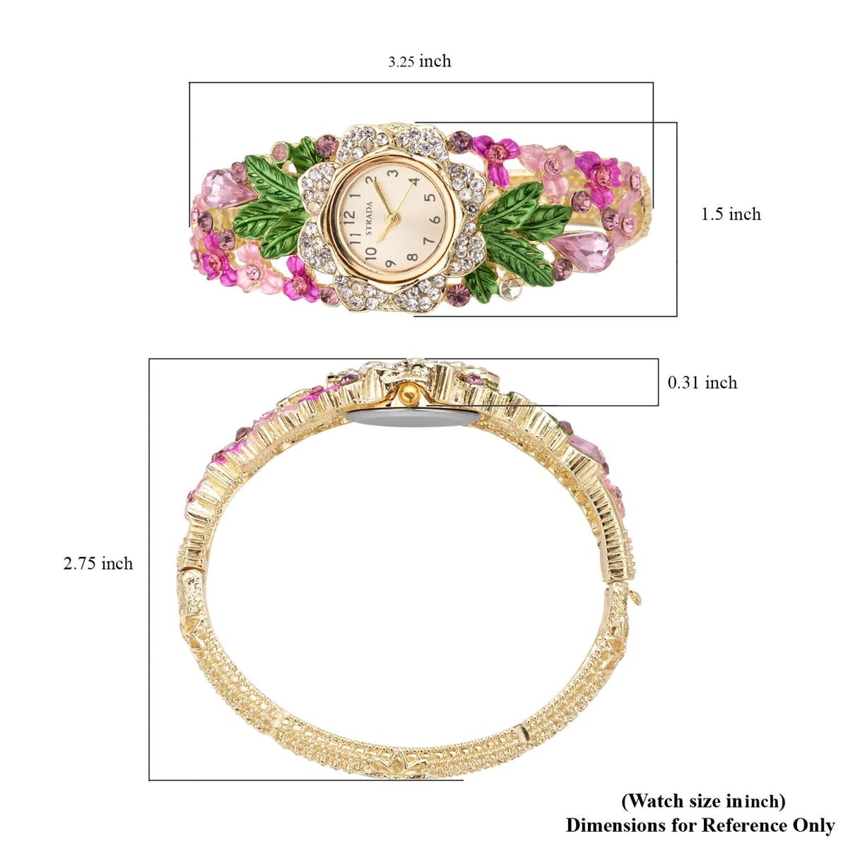 Strada Japanese Movement Multi Color Crystal, Pink Glass Floral & Leaves Pattern Bangle Bracelet (6.5-7 In) Watch in Goldtone (26.67mm) image number 6