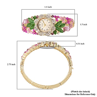 Strada Japanese Movement Multi Color Crystal and Pink Glass Floral & Leaves Pattern Bangle Bracelet  (6.5-7 In) Watch in Goldtone (26.67mm)