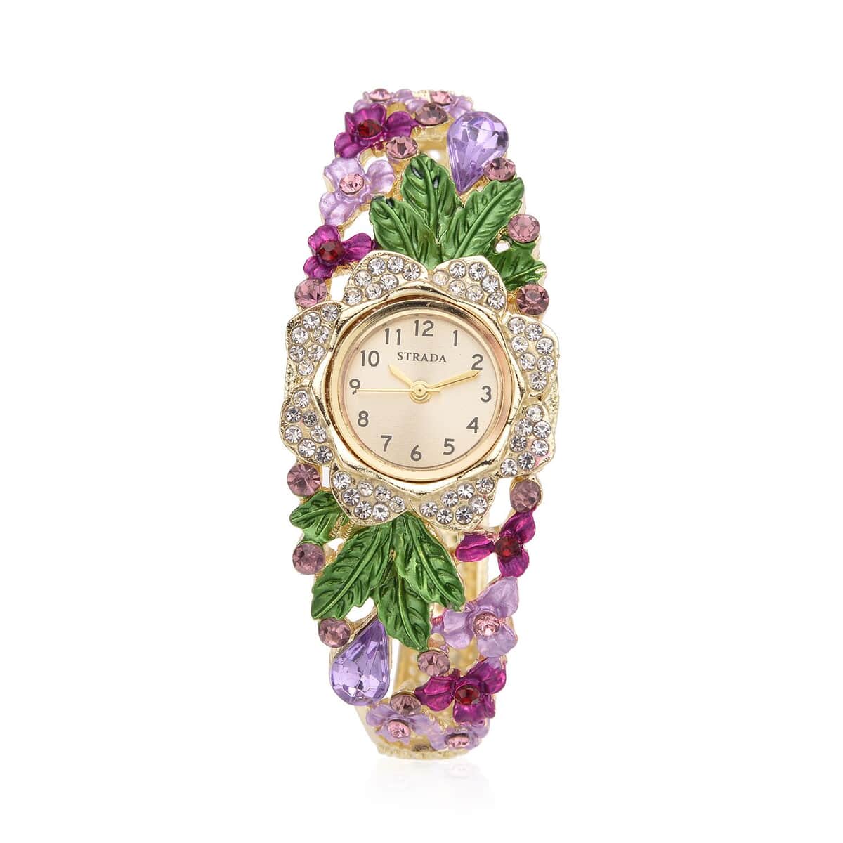 Strada Japanese Movement Multi Color Crystal, Purple Glass Floral & Leaves Pattern Bangle Bracelet (6.5-7 In) Watch in Goldtone (26.67mm) image number 0