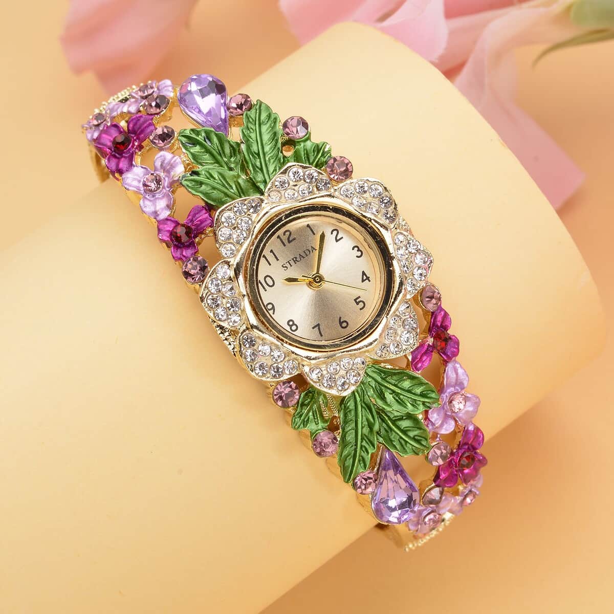 Strada Japanese Movement Multi Color Crystal, Purple Glass Floral & Leaves Pattern Bangle Bracelet (6.5-7 In) Watch in Goldtone (26.67mm) image number 1