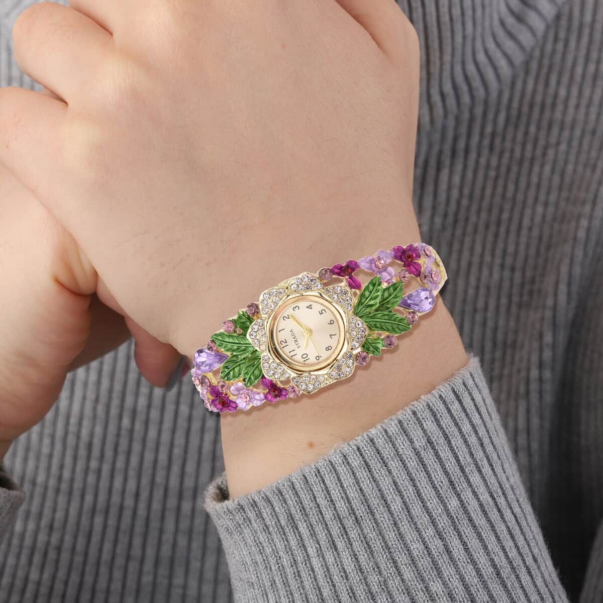 Strada Japanese Movement Multi Color Crystal, Purple Glass Floral & Leaves Pattern Bangle Bracelet (6.5-7 In) Watch in Goldtone (26.67mm) image number 2