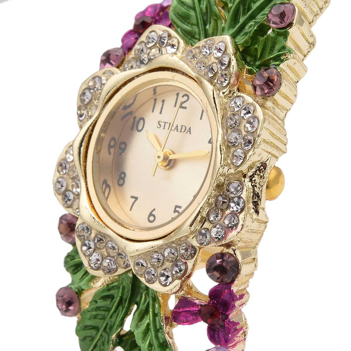 Strada Japanese Movement Multi Color Crystal, Purple Glass Floral & Leaves Pattern Bangle Bracelet (6.5-7 In) Watch in Goldtone (26.67mm) image number 3