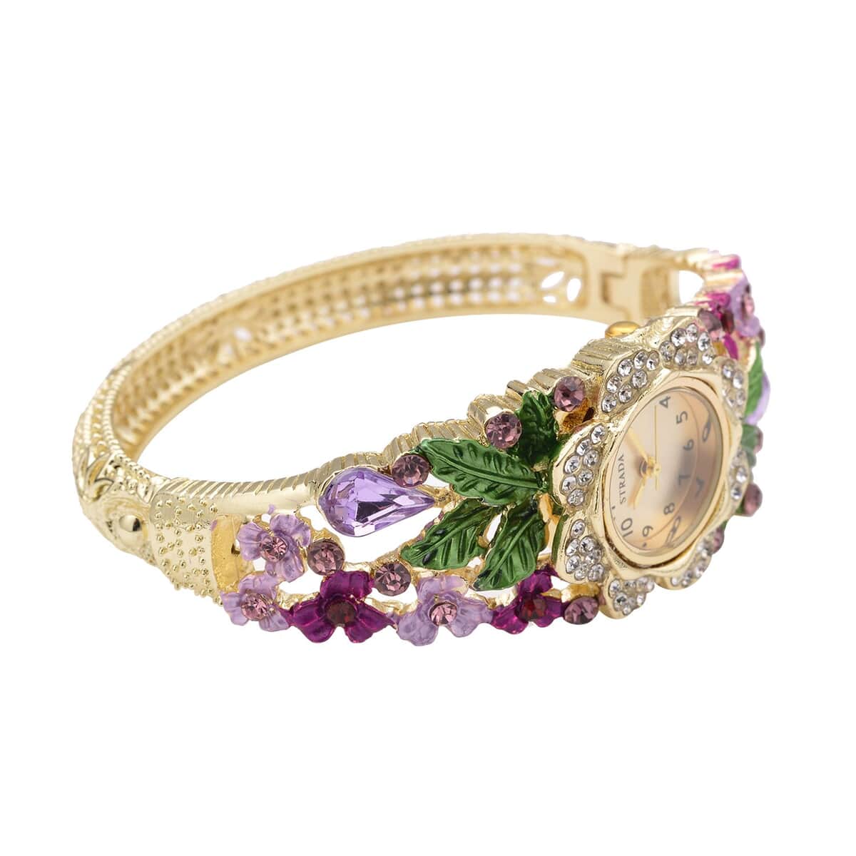 Strada Japanese Movement Multi Color Crystal, Purple Glass Floral & Leaves Pattern Bangle Bracelet (6.5-7 In) Watch in Goldtone (26.67mm) image number 4