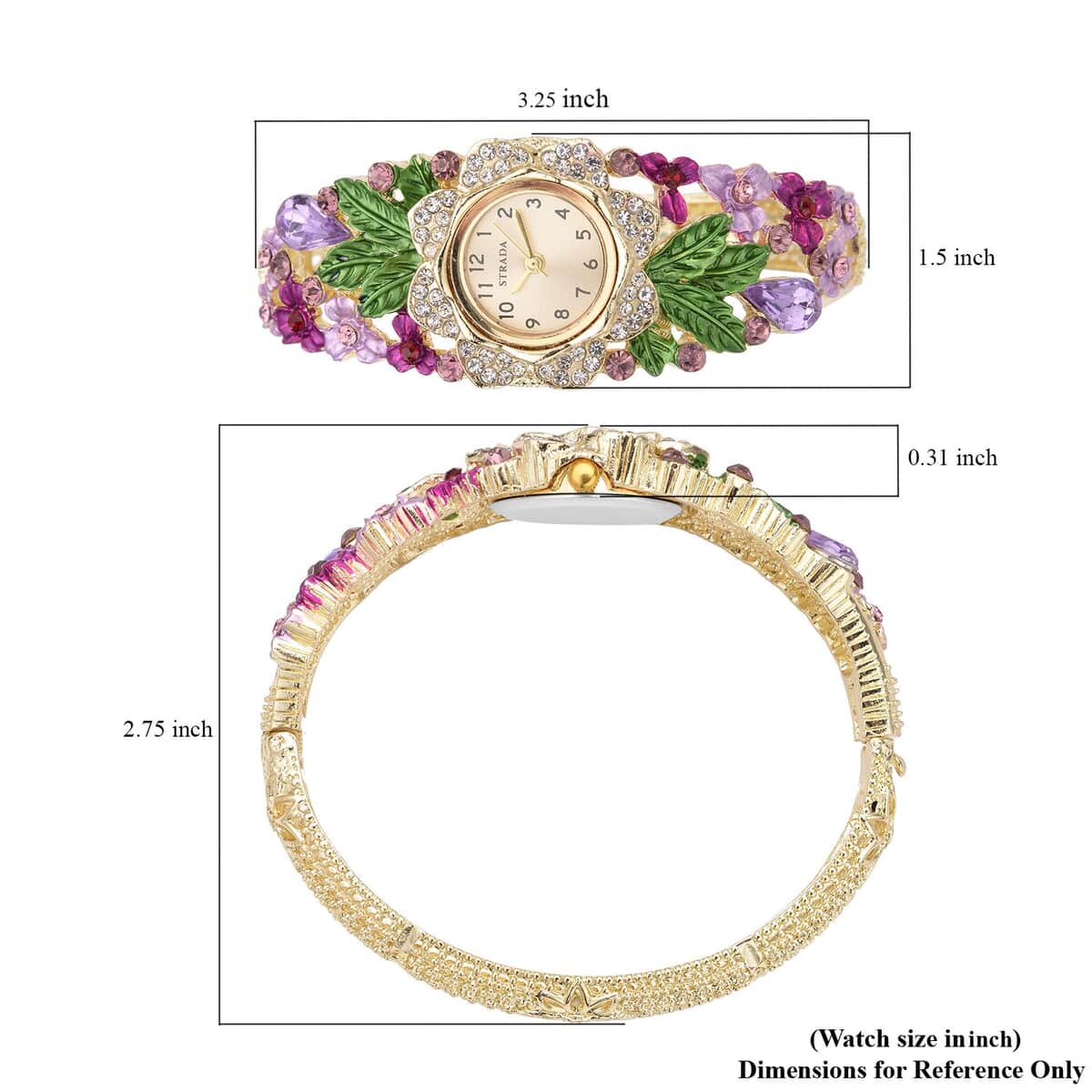 Strada Japanese Movement Multi Color Crystal, Purple Glass Floral & Leaves Pattern Bangle Bracelet (6.5-7 In) Watch in Goldtone (26.67mm) image number 6