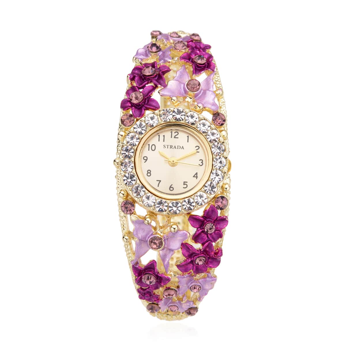 Strada Japanese Movement Purple and White Crystal Floral & Butterfly Pattern Bangle Bracelet (6.5-7 In) Watch in Goldtone (24.65mm) image number 0