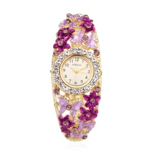 Strada Japanese Movement Purple and White Crystal Floral & Butterfly Pattern Bangle Bracelet (6.5-7 In) Watch in Goldtone (24.65mm)