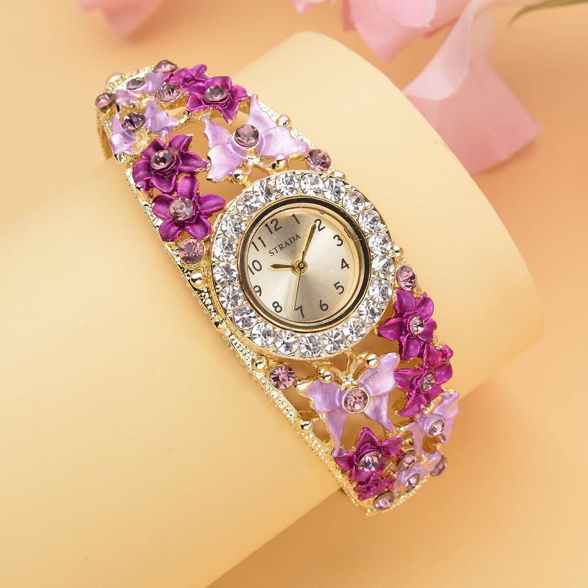 Strada Japanese Movement Purple and White Crystal Floral & Butterfly Pattern Bangle Bracelet (6.5-7 In) Watch in Goldtone (24.65mm) image number 1