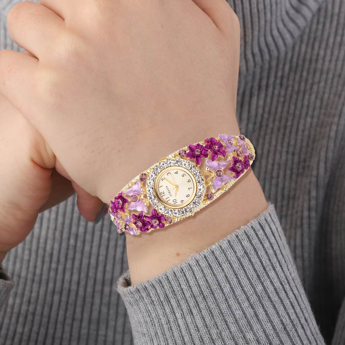Strada Japanese Movement Purple and White Crystal Floral & Butterfly Pattern Bangle Bracelet (6.5-7 In) Watch in Goldtone (24.65mm) image number 2