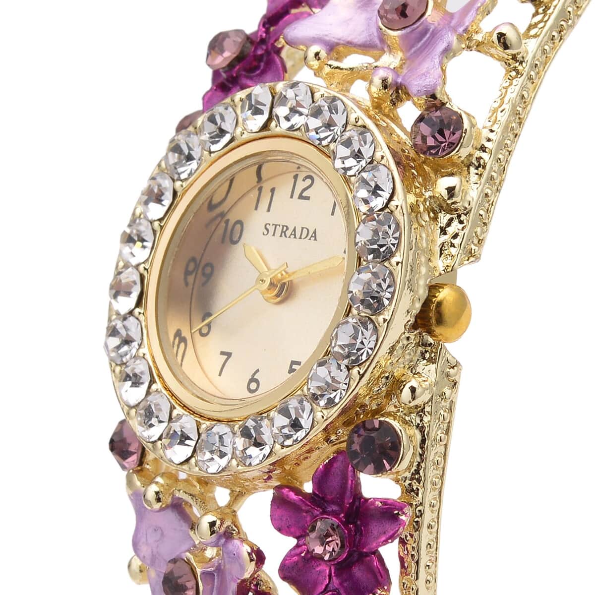 Strada Japanese Movement Purple and White Crystal Floral & Butterfly Pattern Bangle Bracelet (6.5-7 In) Watch in Goldtone (24.65mm) image number 3