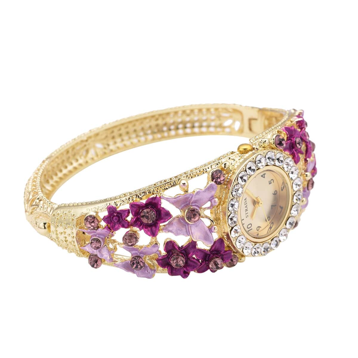 Strada Japanese Movement Purple and White Crystal Floral & Butterfly Pattern Bangle Bracelet (6.5-7 In) Watch in Goldtone (24.65mm) image number 4