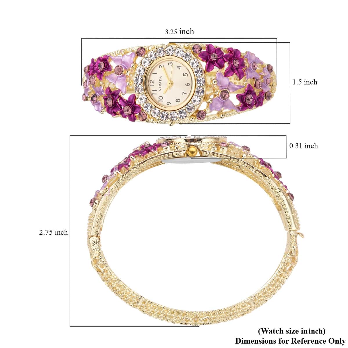 Strada Japanese Movement Purple and White Crystal Floral & Butterfly Pattern Bangle Bracelet (6.5-7 In) Watch in Goldtone (24.65mm) image number 6