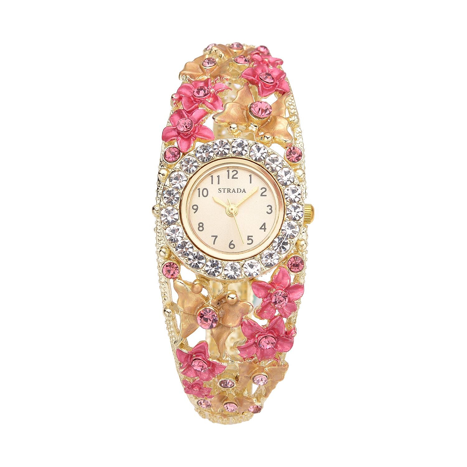 Strada Japanese Movement Purple and White Crystal Floral & Butterfly Pattern Bangle Bracelet (6.5-7 In) Watch in Goldtone (24.65mm)