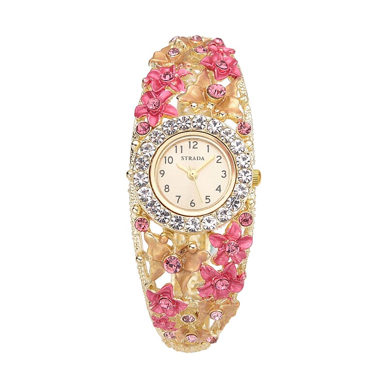 Strada Japanese Movement Pink and White Crystal Floral & Butterfly Pattern Bangle Bracelet (6.5-7 In) Watch in Goldtone (24.65mm)
