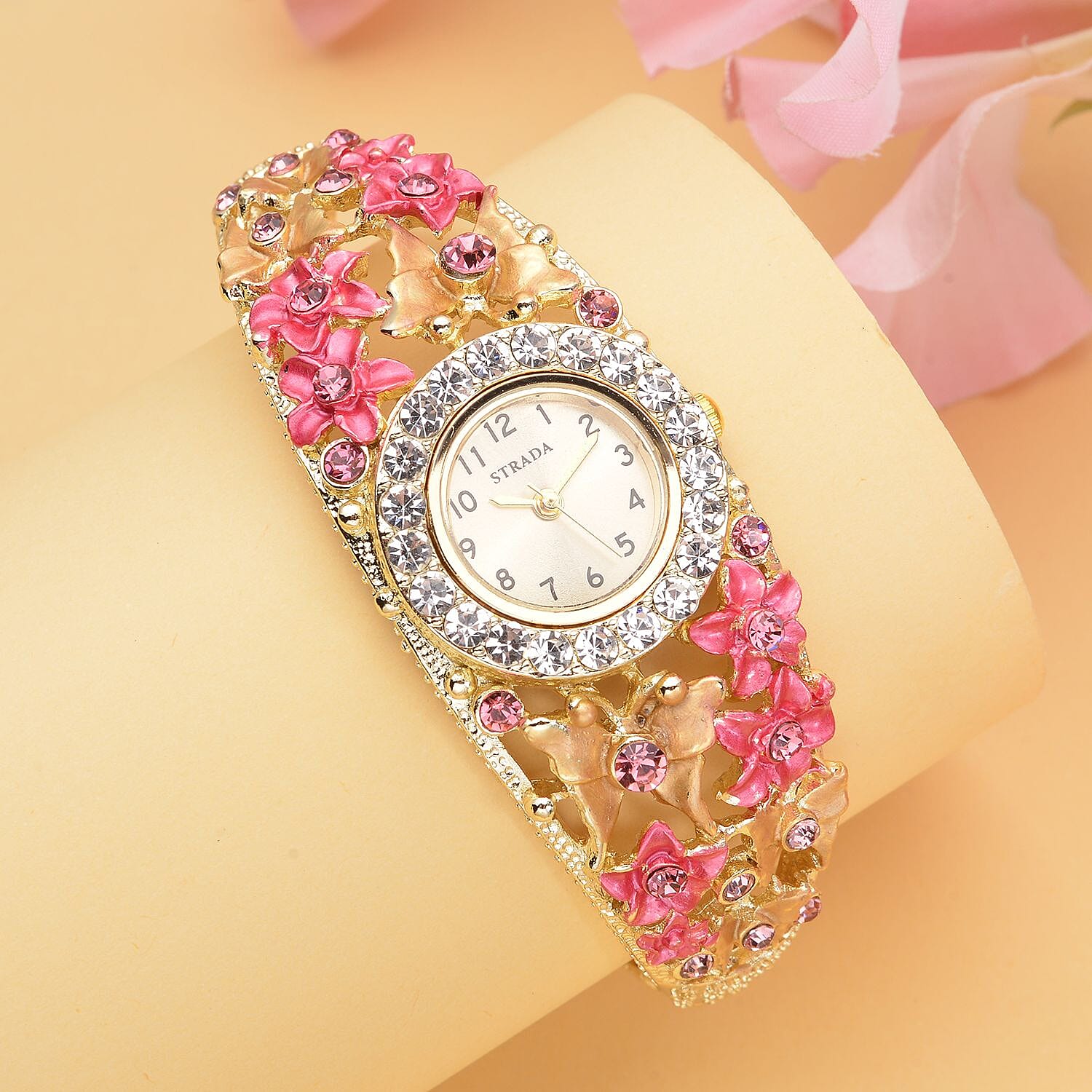 Strada Japanese Movement Pink and White Crystal Floral & Butterfly Pattern Bangle Bracelet (6.5-7 In) Watch in Goldtone (24.65mm)