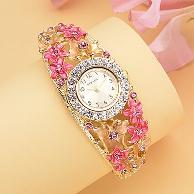 Strada Japanese Movement Pink and White Crystal Floral & Butterfly Pattern Bangle Bracelet (6.5-7 In) Watch in Goldtone (24.65mm)