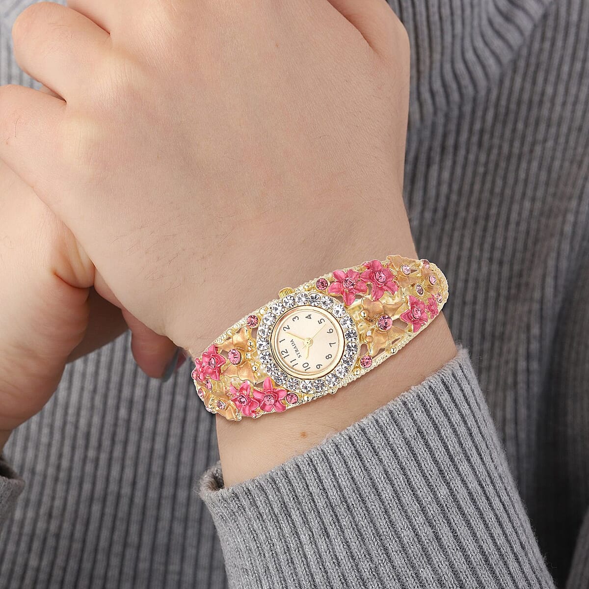 Strada Japanese Movement Pink and White Crystal Floral & Butterfly Pattern Bangle Bracelet (6.5-7 In) Watch in Goldtone (24.65mm) image number 2