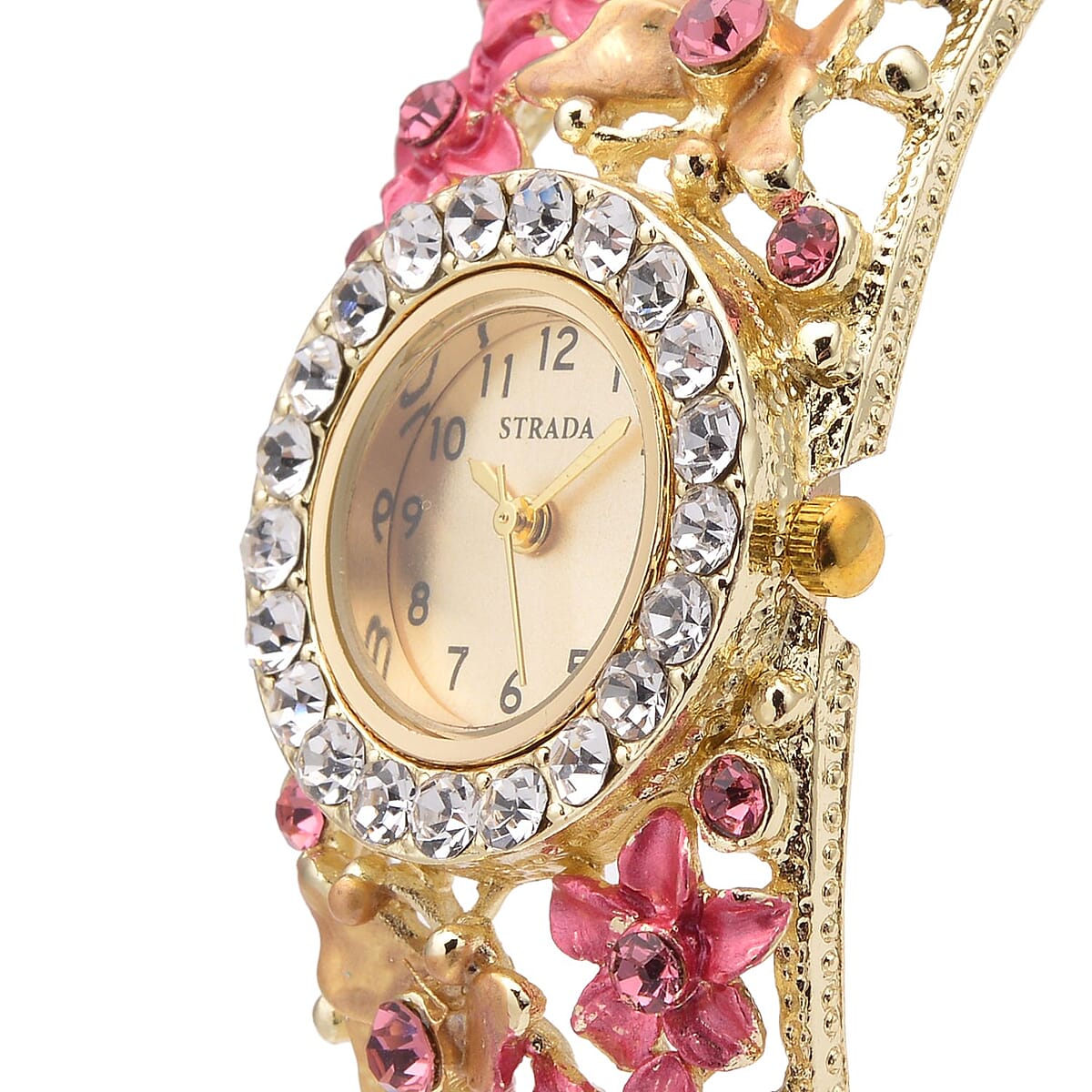 Strada Japanese Movement Pink and White Crystal Floral & Butterfly Pattern Bangle Bracelet (6.5-7 In) Watch in Goldtone (24.65mm) image number 3