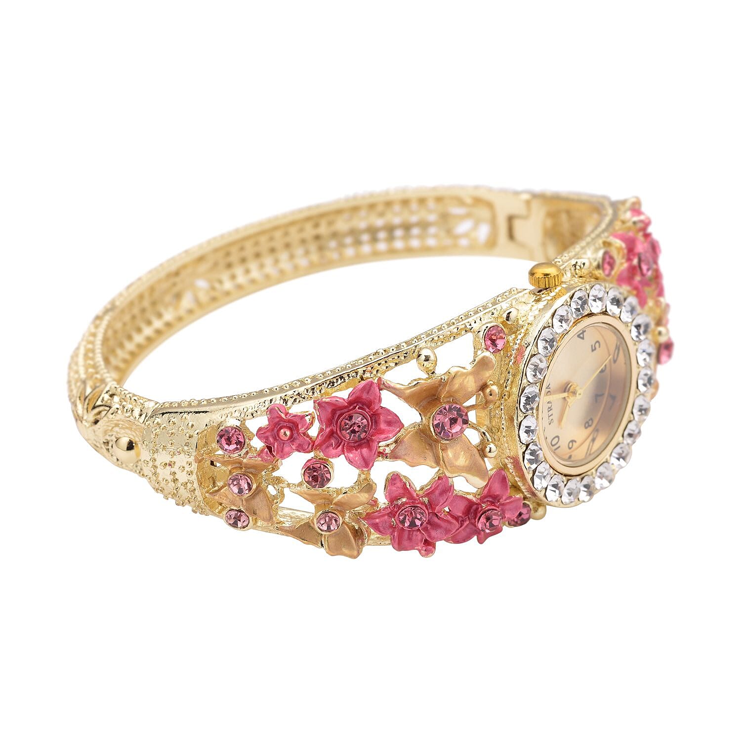 Strada Japanese Movement Pink and White Crystal Floral & Butterfly Pattern Bangle Bracelet (6.5-7 In) Watch in Goldtone (24.65mm)