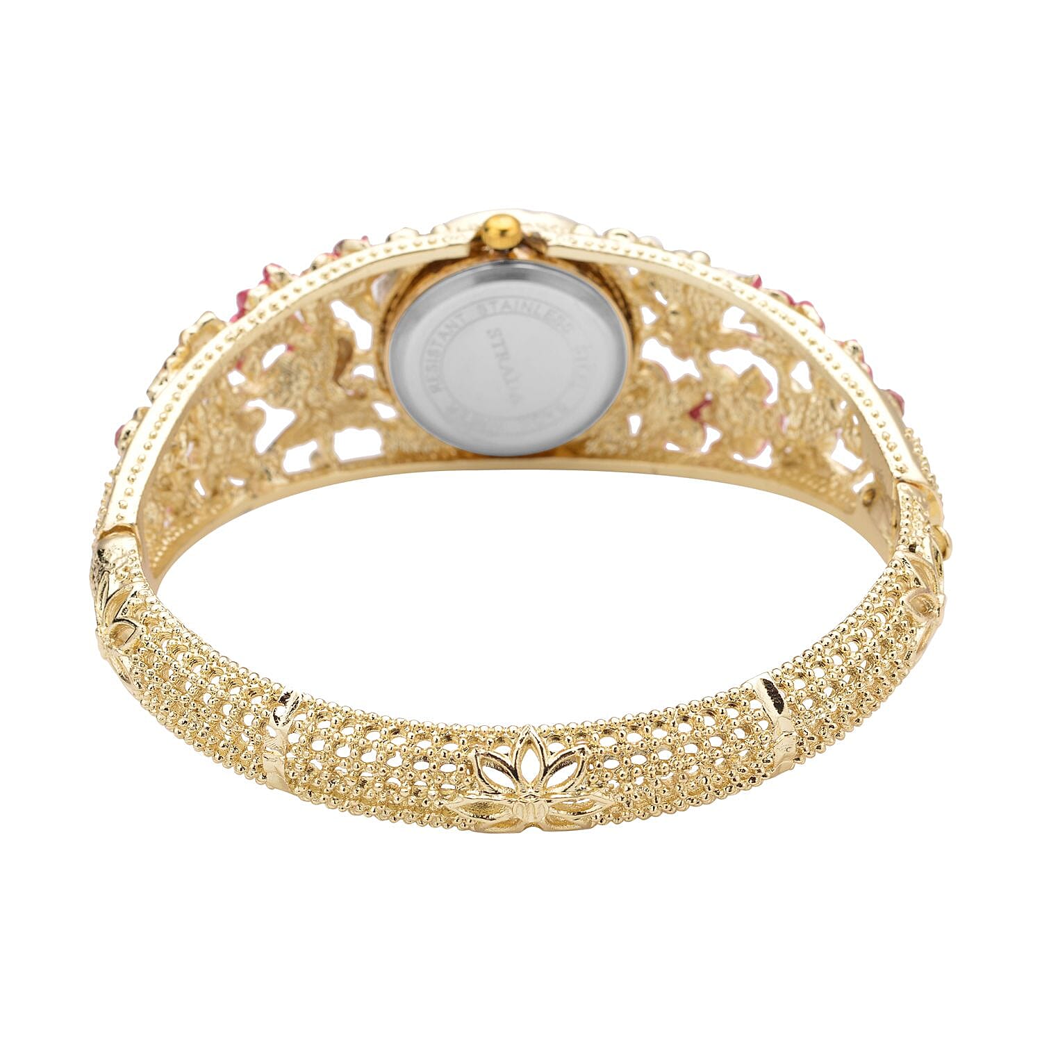 Strada Japanese Movement Pink and White Crystal Floral & Butterfly Pattern Bangle Bracelet (6.5-7 In) Watch in Goldtone (24.65mm)