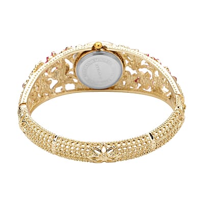 Strada Japanese Movement Pink and White Crystal Floral & Butterfly Pattern Bangle Bracelet (6.5-7 In) Watch in Goldtone (24.65mm)