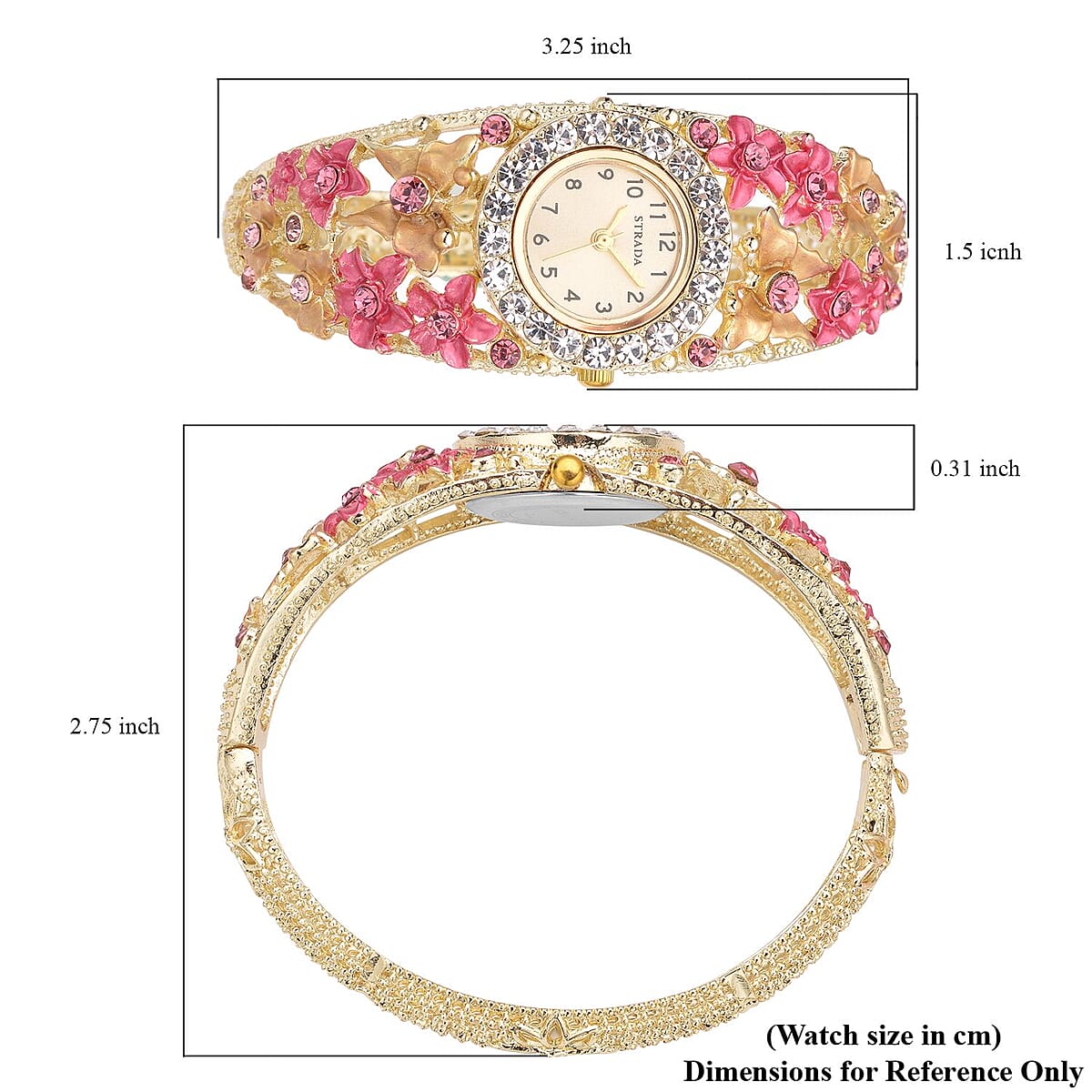 Strada Japanese Movement Pink and White Crystal Floral & Butterfly Pattern Bangle Bracelet (6.5-7 In) Watch in Goldtone (24.65mm) image number 6