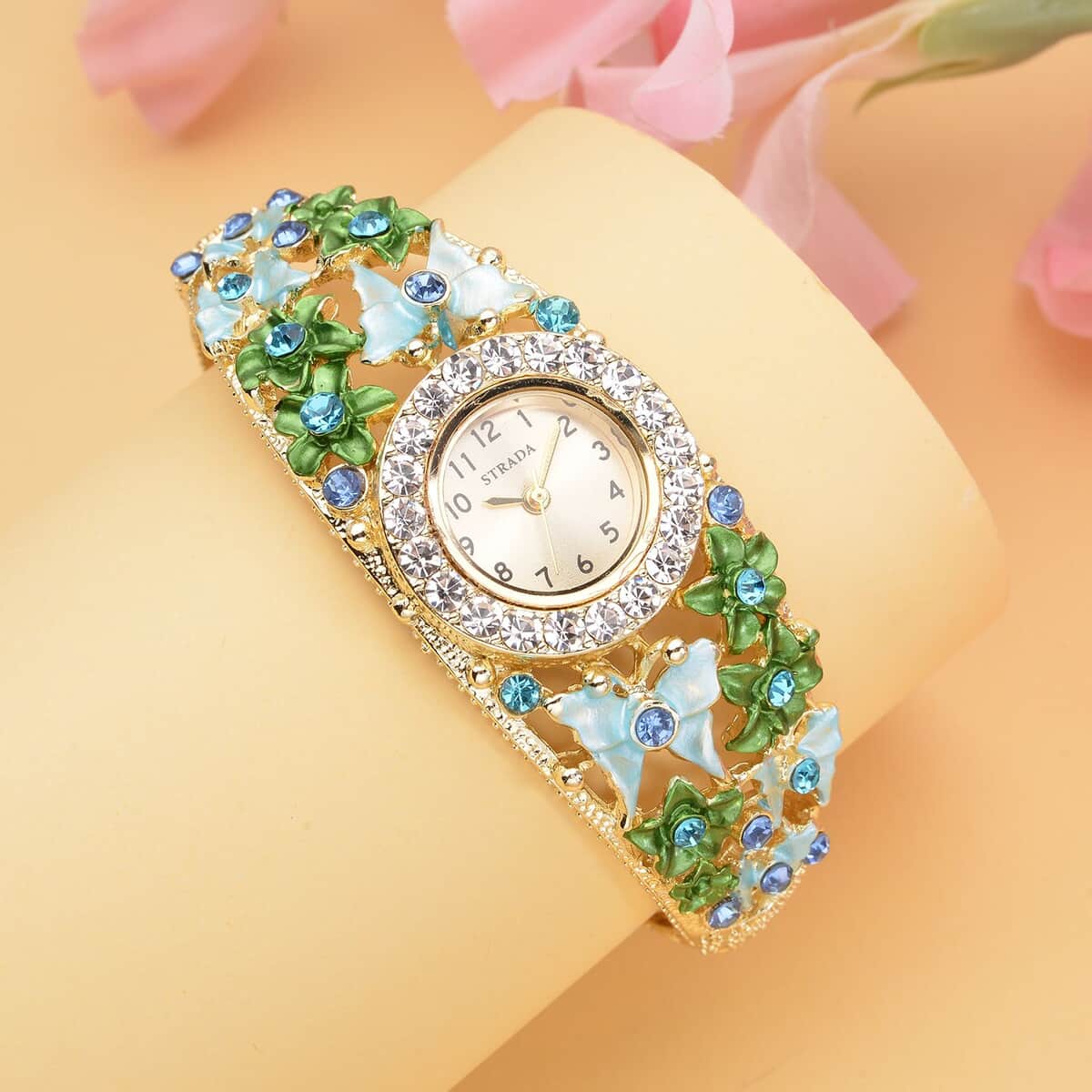 Strada Japanese Movement Blue and White Crystal Floral & Butterfly Pattern Bangle Bracelet (6.5-7 In) Watch in Goldtone (24.65mm) image number 1