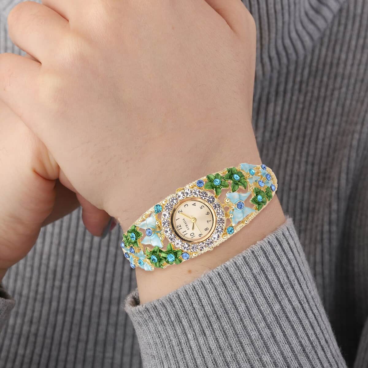 Strada Japanese Movement Blue and White Crystal Floral & Butterfly Pattern Bangle Bracelet (6.5-7 In) Watch in Goldtone (24.65mm) image number 2