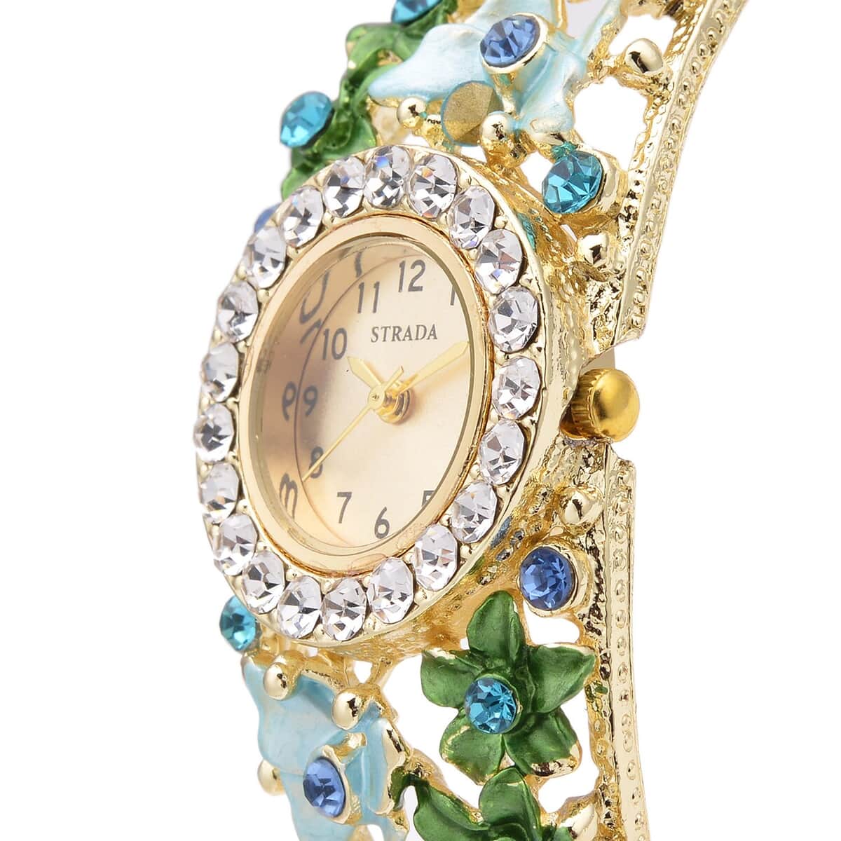 Strada Japanese Movement Blue and White Crystal Floral & Butterfly Pattern Bangle Bracelet (6.5-7 In) Watch in Goldtone (24.65mm) image number 3