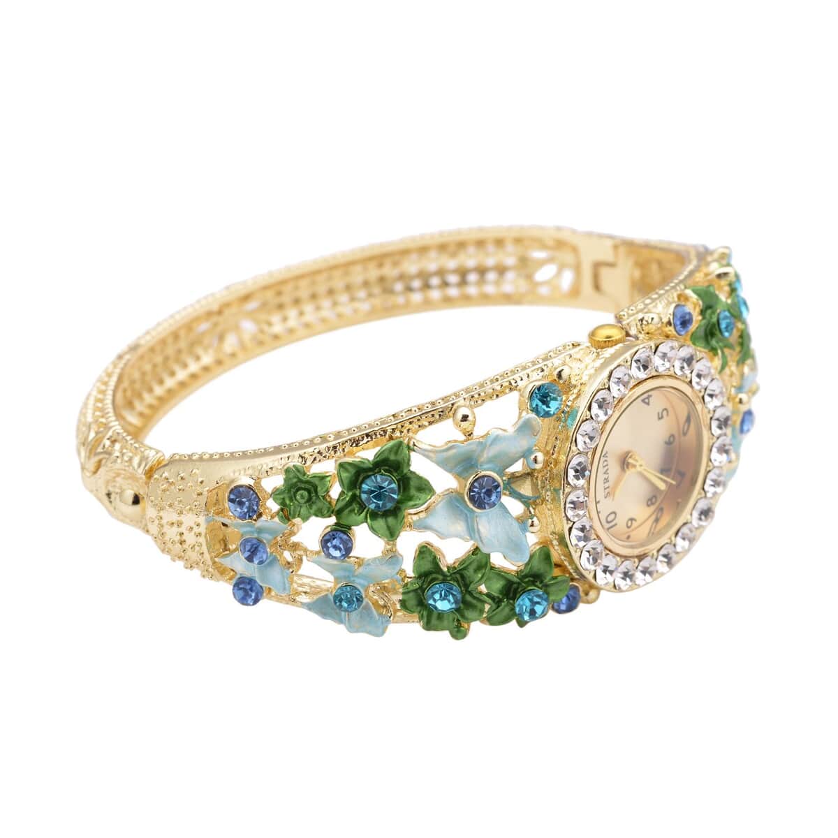 Strada Japanese Movement Blue and White Crystal Floral & Butterfly Pattern Bangle Bracelet (6.5-7 In) Watch in Goldtone (24.65mm) image number 4