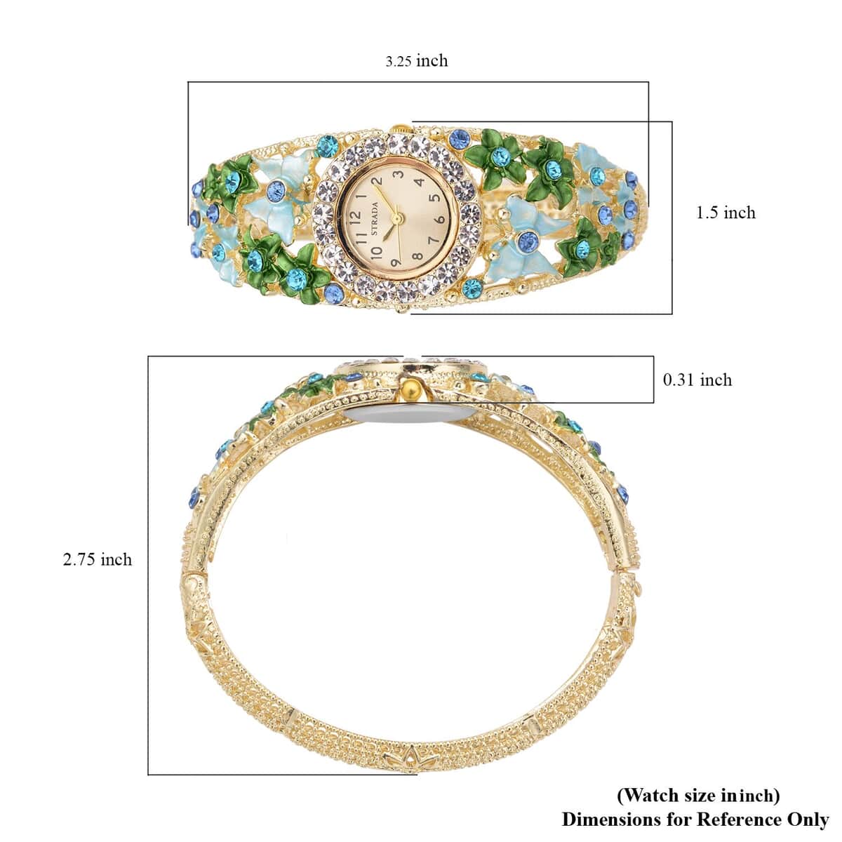 Strada Japanese Movement Blue and White Crystal Floral & Butterfly Pattern Bangle Bracelet (6.5-7 In) Watch in Goldtone (24.65mm) image number 6