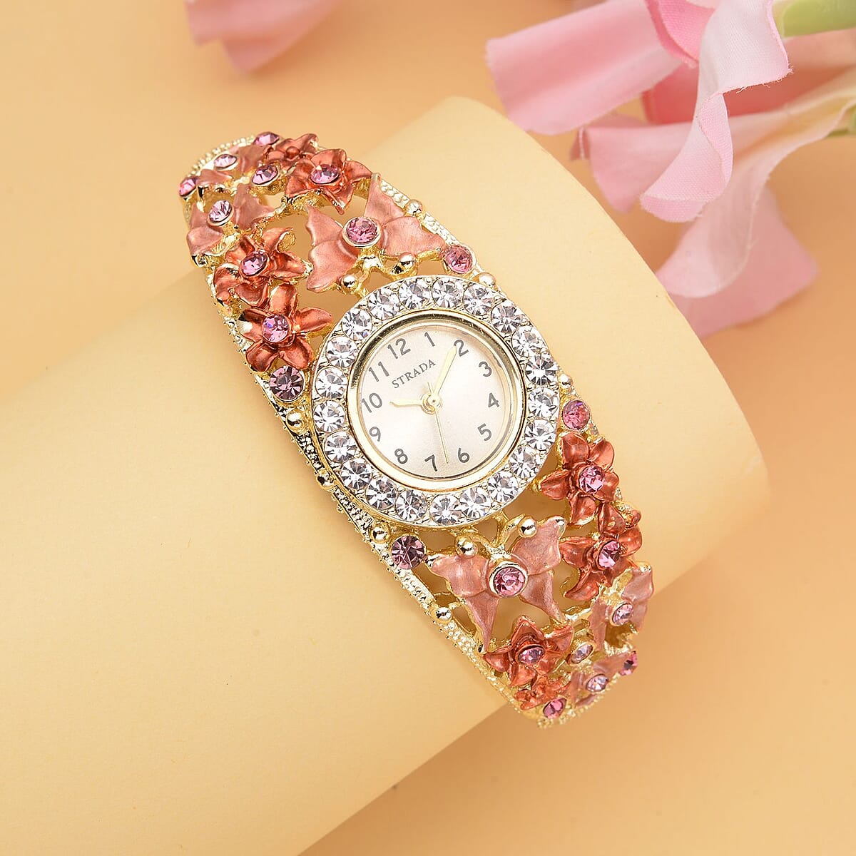 Strada Japanese Movement Fuchsia and White Crystal Floral & Butterfly Pattern Bangle Bracelet (6.5-7 In) Watch in Goldtone (24.65mm) image number 1