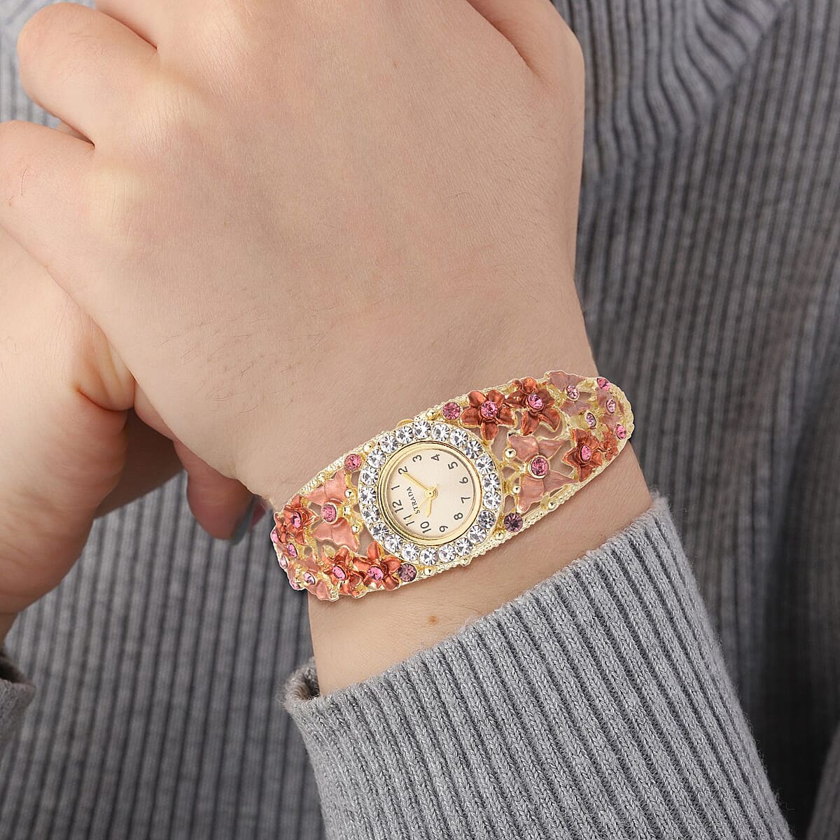Strada Japanese Movement Fuchsia and White Crystal Floral & Butterfly Pattern Bangle Bracelet (6.5-7 In) Watch in Goldtone (24.65mm) image number 2