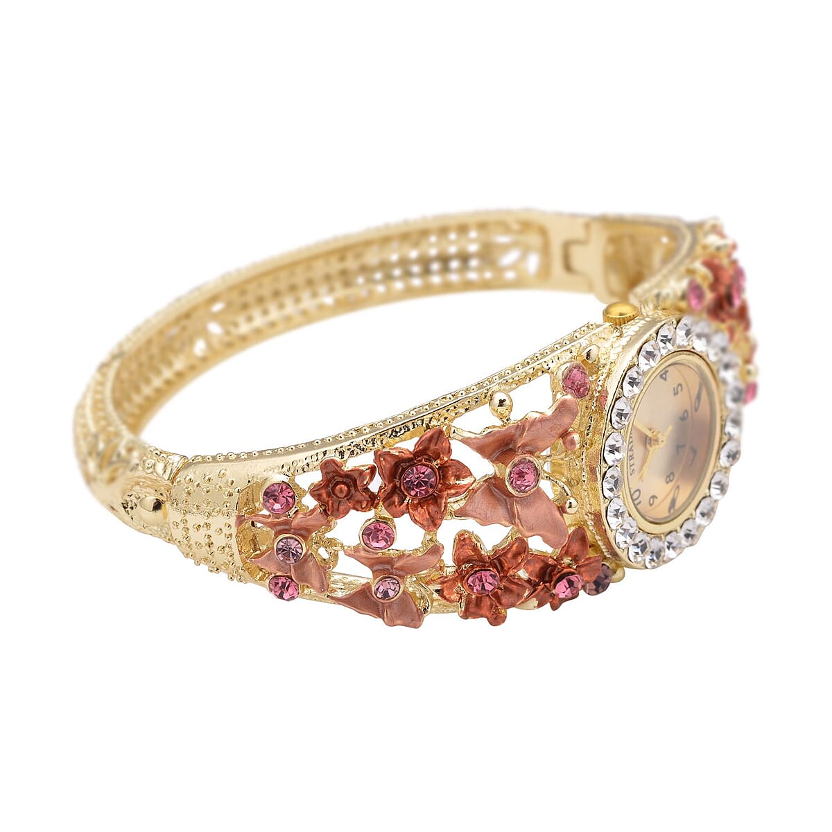 Strada Japanese Movement Fuchsia and White Crystal Floral & Butterfly Pattern Bangle Bracelet (6.5-7 In) Watch in Goldtone (24.65mm) image number 4