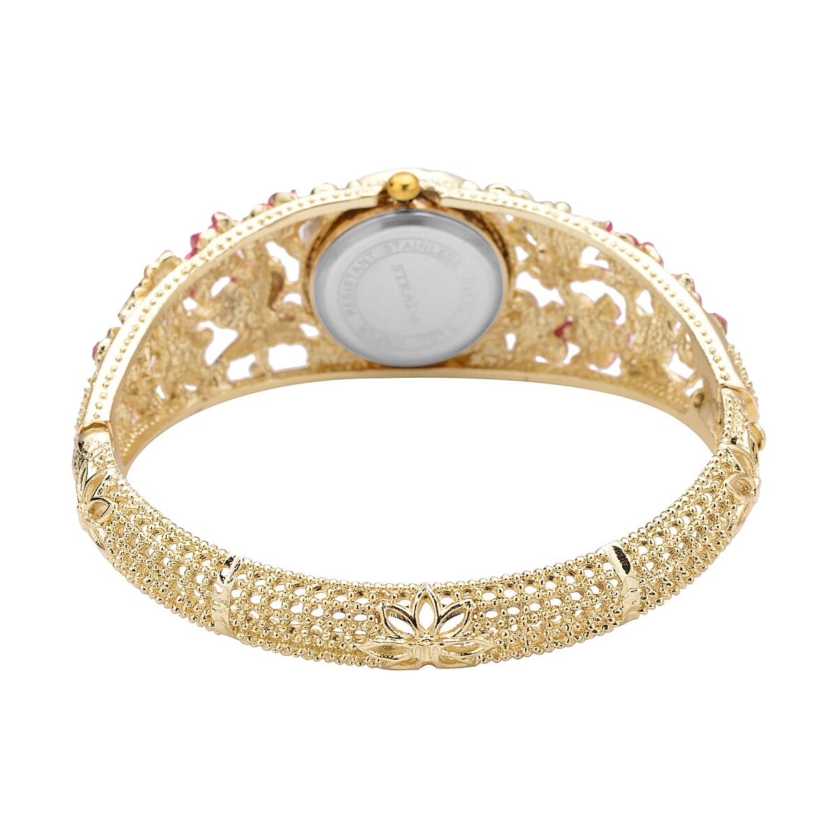 Strada Japanese Movement Fuchsia and White Crystal Floral & Butterfly Pattern Bangle Bracelet (6.5-7 In) Watch in Goldtone (24.65mm) image number 5