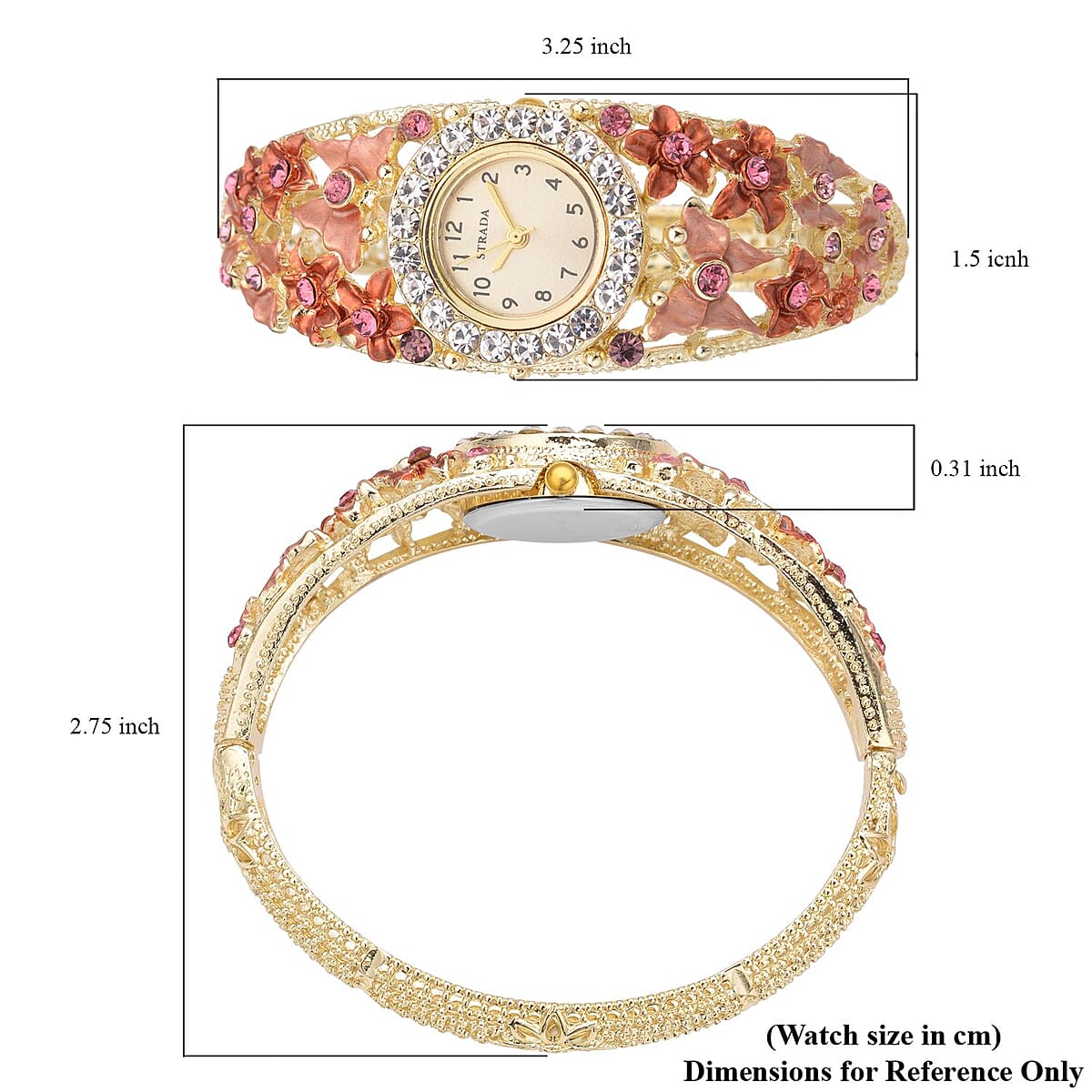 Strada Japanese Movement Fuchsia and White Crystal Floral & Butterfly Pattern Bangle Bracelet (6.5-7 In) Watch in Goldtone (24.65mm) image number 6