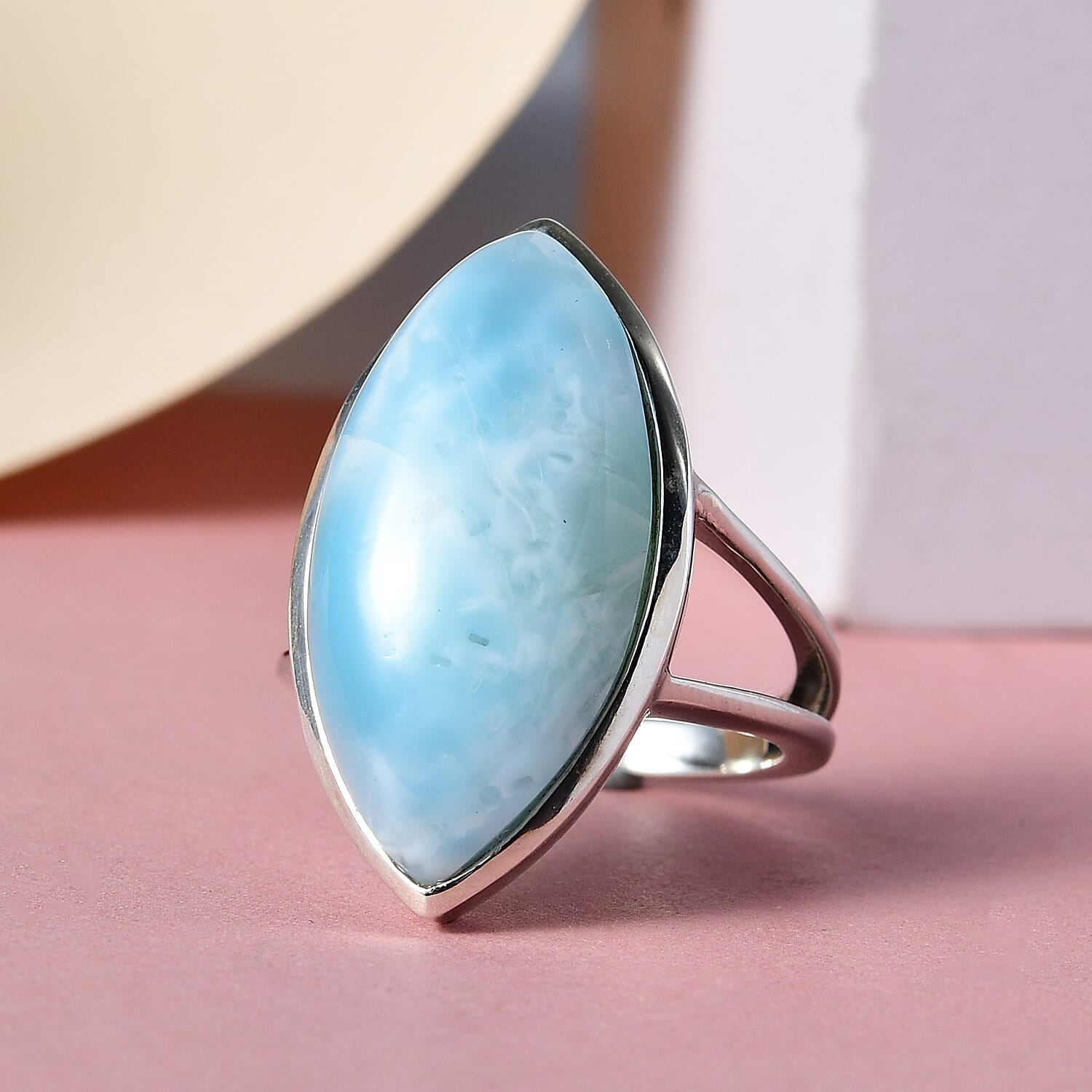 Larimar Elongated Ring in Platinum Over Sterling Silver (Size 10.0) 14.60 ctw