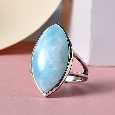 Larimar Elongated Ring in Platinum Over Sterling Silver (Size 10.0) 14.60 ctw
