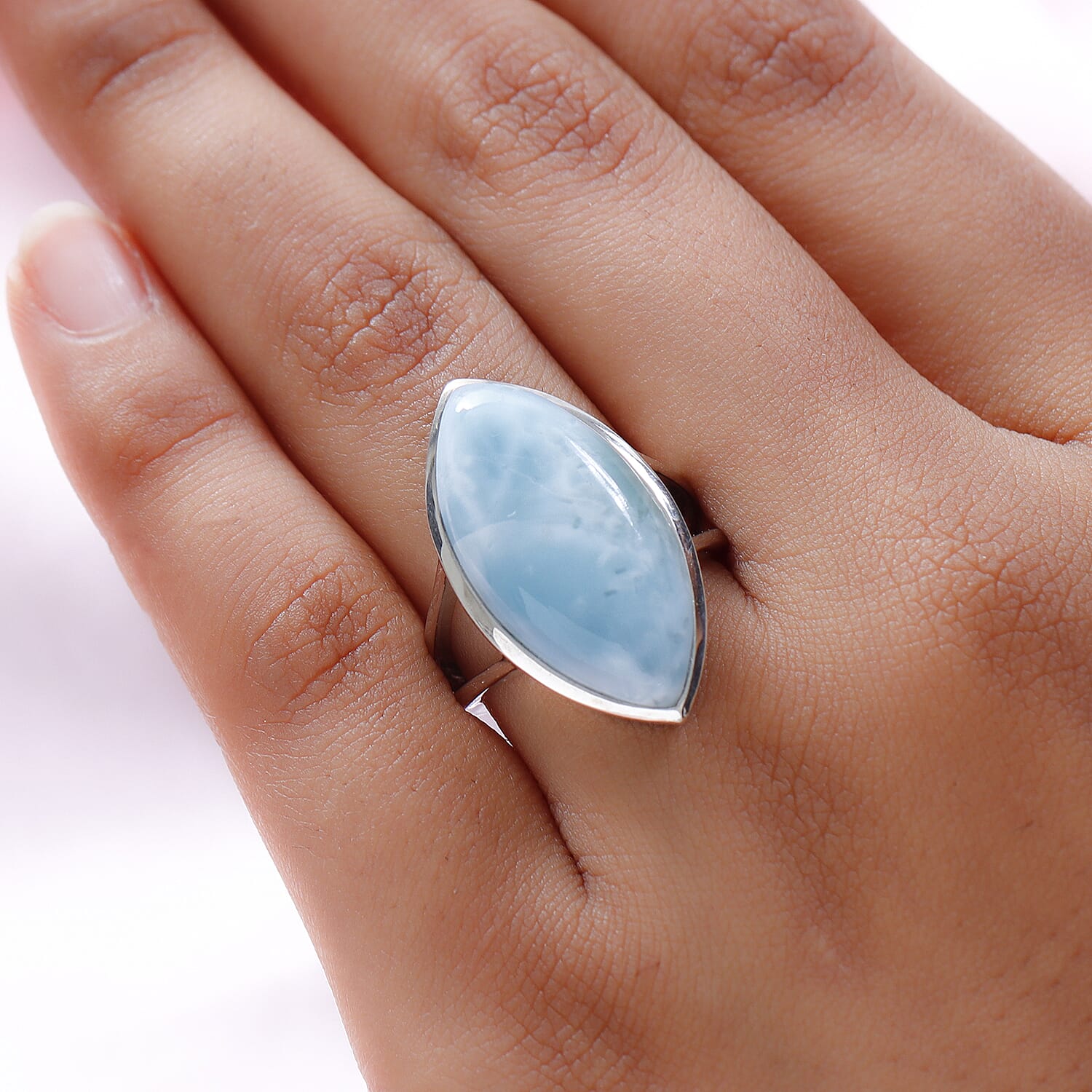 Larimar Elongated Ring in Platinum Over Sterling Silver (Size 10.0) 14.60 ctw