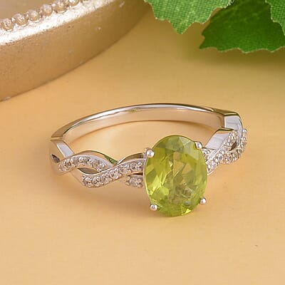 Premium Peridot and White Zircon Twisted Rope Ring in Rhodium Over Sterling Silver (Size 10.0) 2.15 ctw