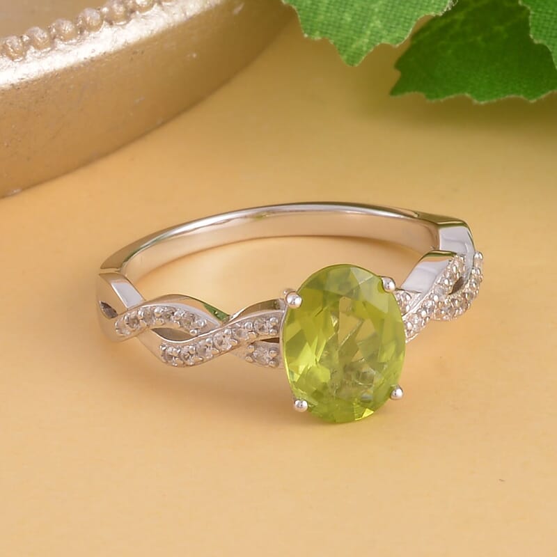 Premium Peridot and White Zircon Twisted Rope Ring in Rhodium Over Sterling Silver (Size 10.0) 2.15 ctw