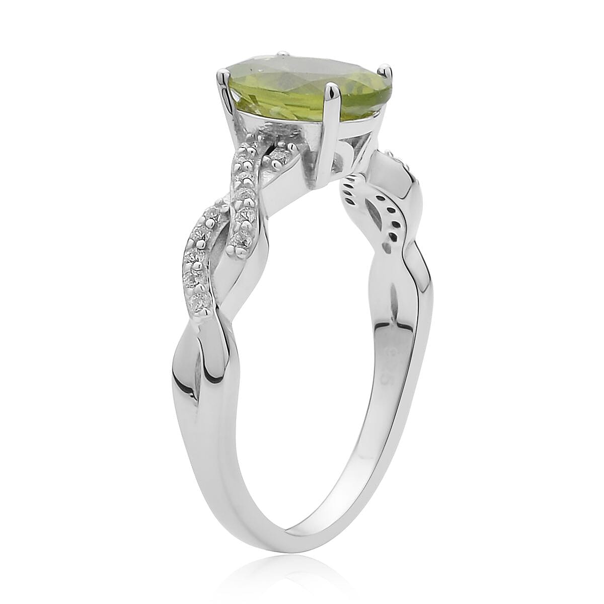 Premium Peridot and White Zircon Twisted Rope Ring in Rhodium Over Sterling Silver (Size 10.0) 2.15 ctw