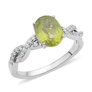 Premium Peridot and White Zircon Twisted Rope Ring in Rhodium Over Sterling Silver (Size 5.0) 2.15 ctw