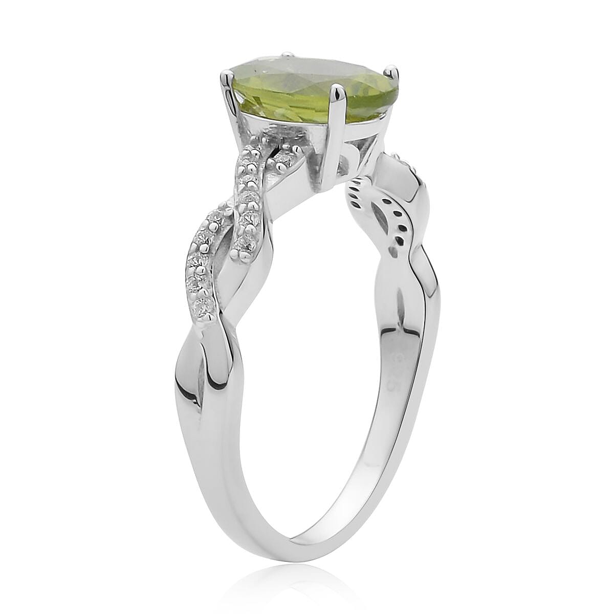 Premium Peridot and White Zircon Twisted Rope Ring in Rhodium Over Sterling Silver (Size 5.0) 2.15 ctw image number 3