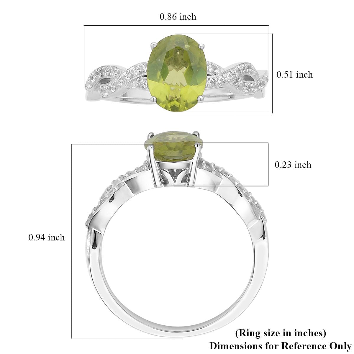 Premium Peridot and White Zircon Twisted Rope Ring in Rhodium Over Sterling Silver (Size 5.0) 2.15 ctw image number 5
