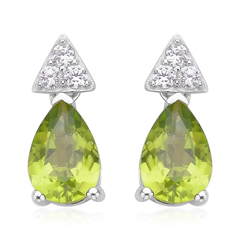 Peridot and White Zircon Drop Earrings in Rhodium Over Sterling Silver 3.10 ctw