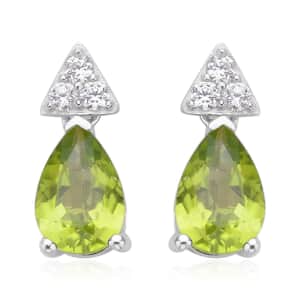 Peridot and White Zircon Drop Earrings in Rhodium Over Sterling Silver 3.10 ctw