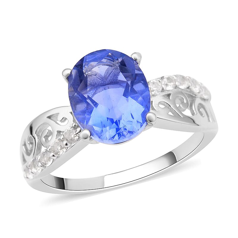 Color Change Fluorite and White Zircon Ring in Rhodium Over Sterling Silver (Size 10.0) 3.40 ctw