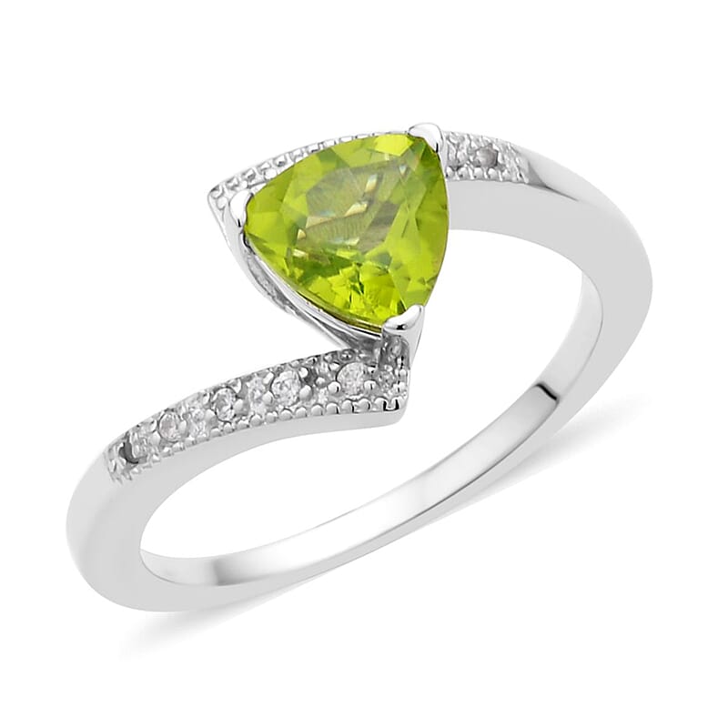 Premium Peridot and White Zircon Fancy Ring in Rhodium Over Sterling Silver (Size 10.0) 1.40 ctw